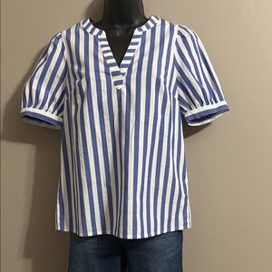 J. Crew Factory Blue and White Puff Sleeve Blouse